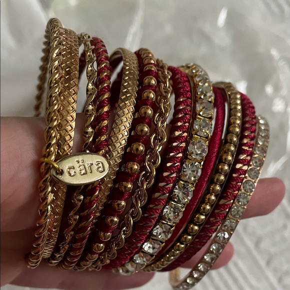 NWT Neiman Marcus Gold and Burgundy Bangle bracelet Set - Picture 1 of 10